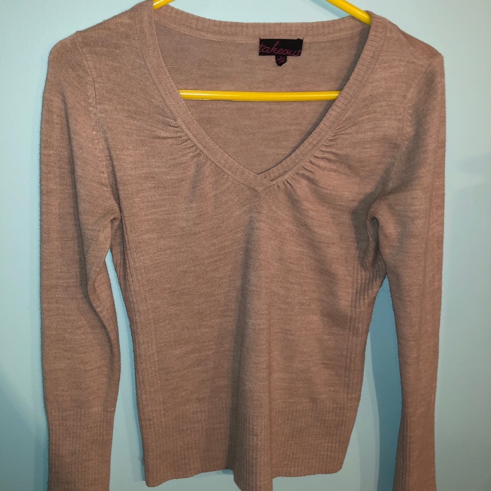 Womens light brown fitted v neck sweater